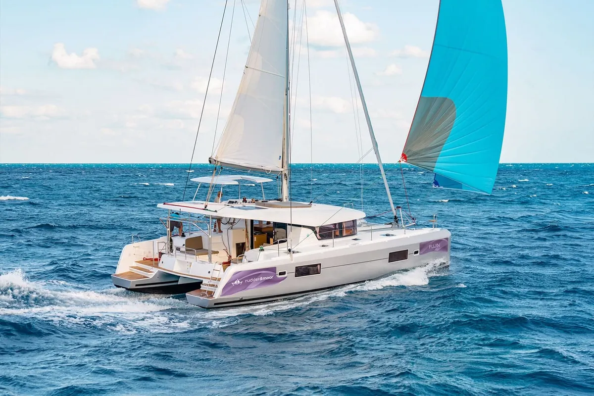 Exterior view of Fujin, a Lagoon 42 catamaran at Fethiye, Turkey
