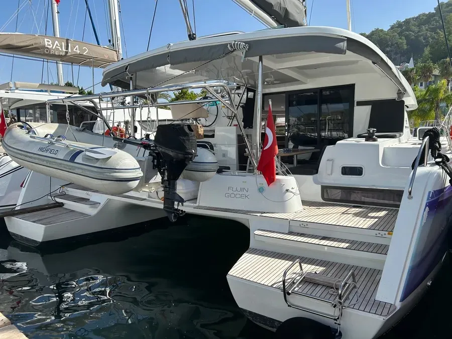 Deck of Fujin, a Lagoon 42 catamaran at Fethiye, Turkey