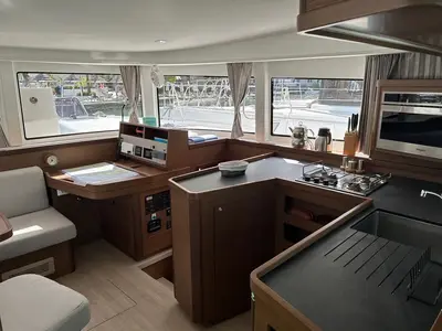 Salon of Fujin, a Lagoon 42 catamaran at Fethiye, Turkey