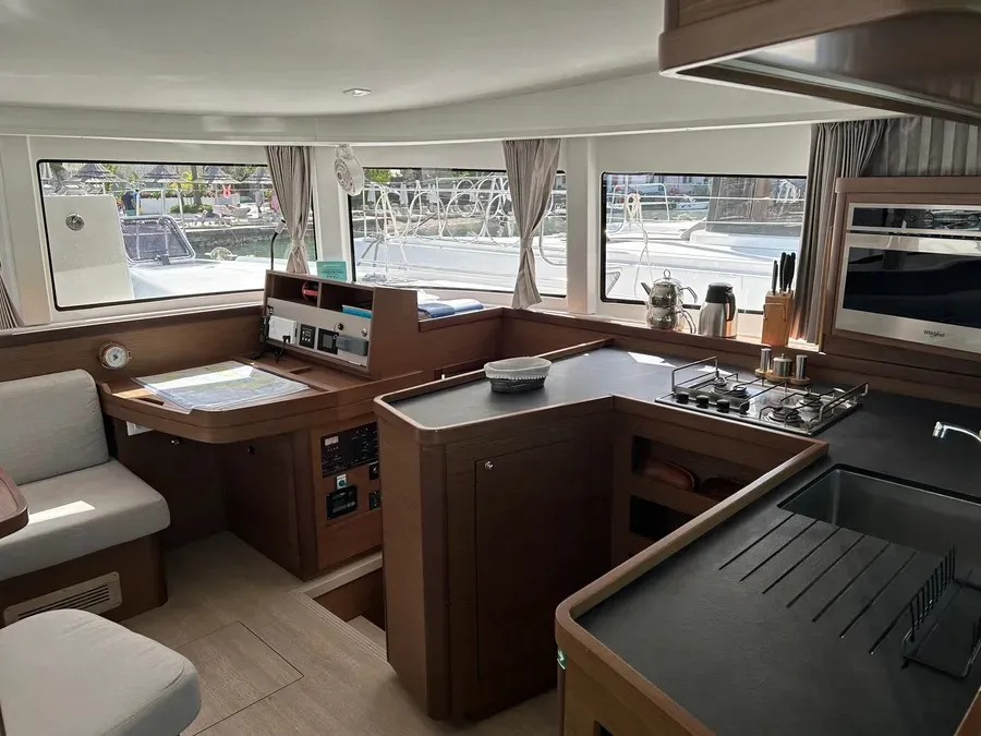 Salon of Fujin, a Lagoon 42 catamaran at Fethiye, Turkey