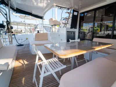 Deck of Fujin, a Lagoon 42 catamaran at Fethiye, Turkey