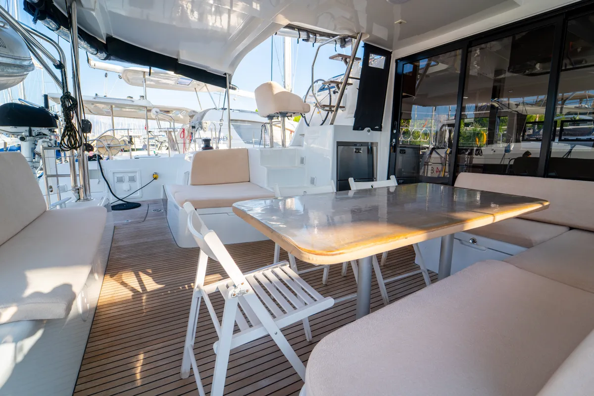 Deck of Fujin, a Lagoon 42 catamaran at Fethiye, Turkey