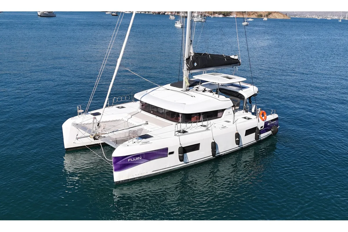 Exterior view of Fujin, a Lagoon 42 catamaran at Fethiye, Turkey