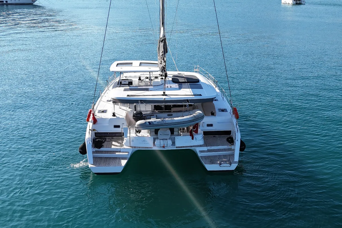 Exterior view of Fujin, a Lagoon 42 catamaran at Fethiye, Turkey