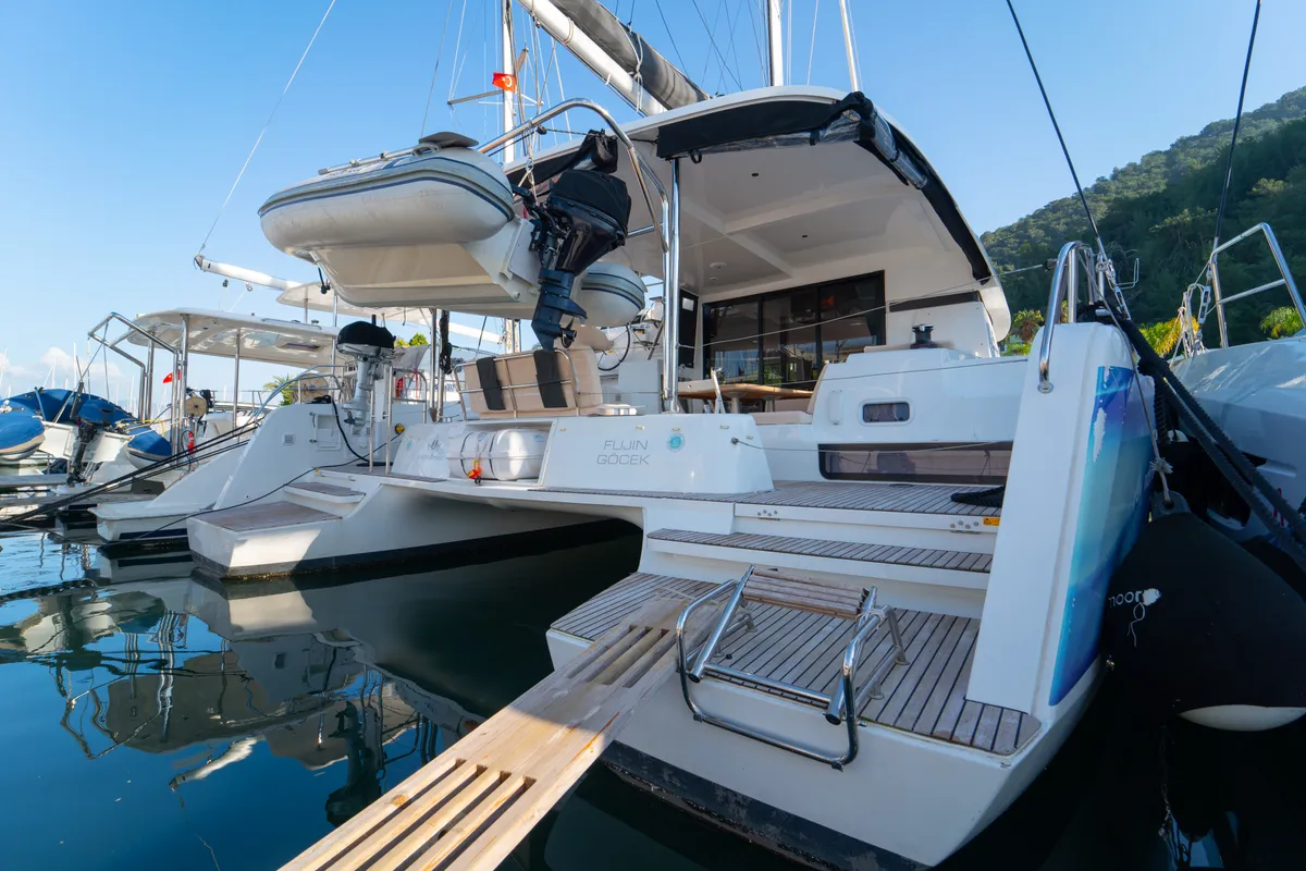 Exterior view of Fujin, a Lagoon 42 catamaran at Fethiye, Turkey