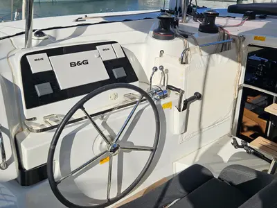 Cockpit of Fujin, a Lagoon 42 catamaran at Fethiye, Turkey