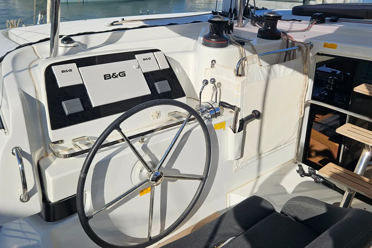 Cockpit of Fujin, a Lagoon 42 catamaran at Fethiye, Turkey