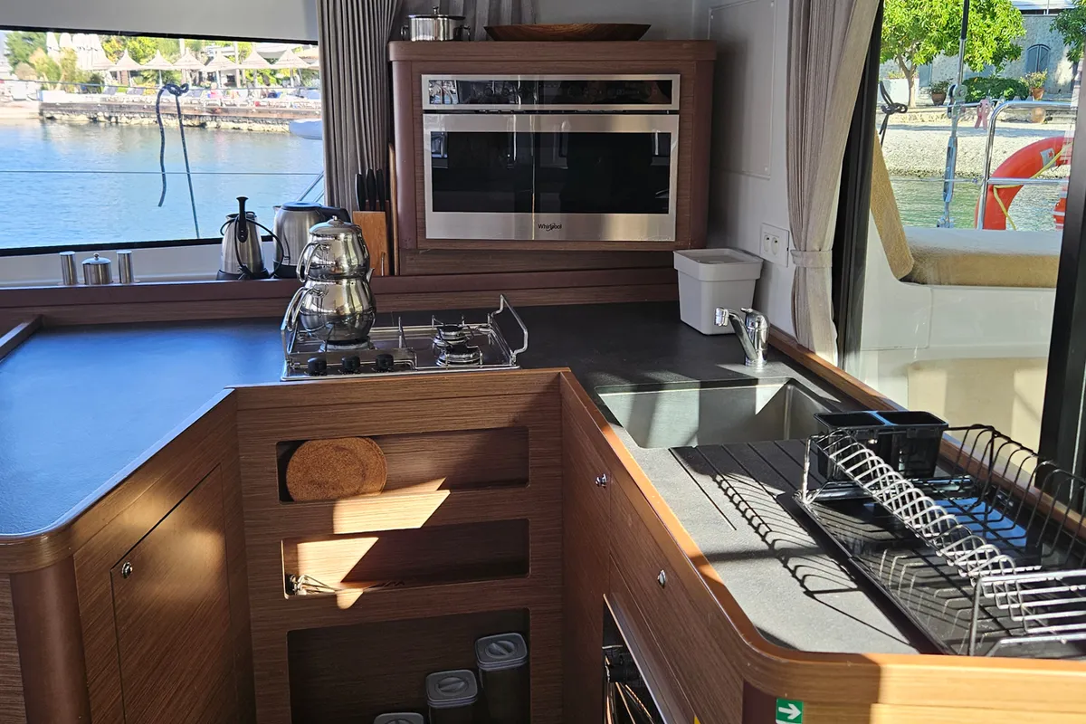 Galley of Fujin, a Lagoon 42 catamaran at Fethiye, Turkey