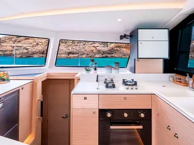 Galley of Hydra, a Nautitech 44 Open catamaran at Lavrion, Greece