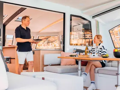 Salon of Hydra, a Nautitech 44 Open catamaran at Lavrion, Greece