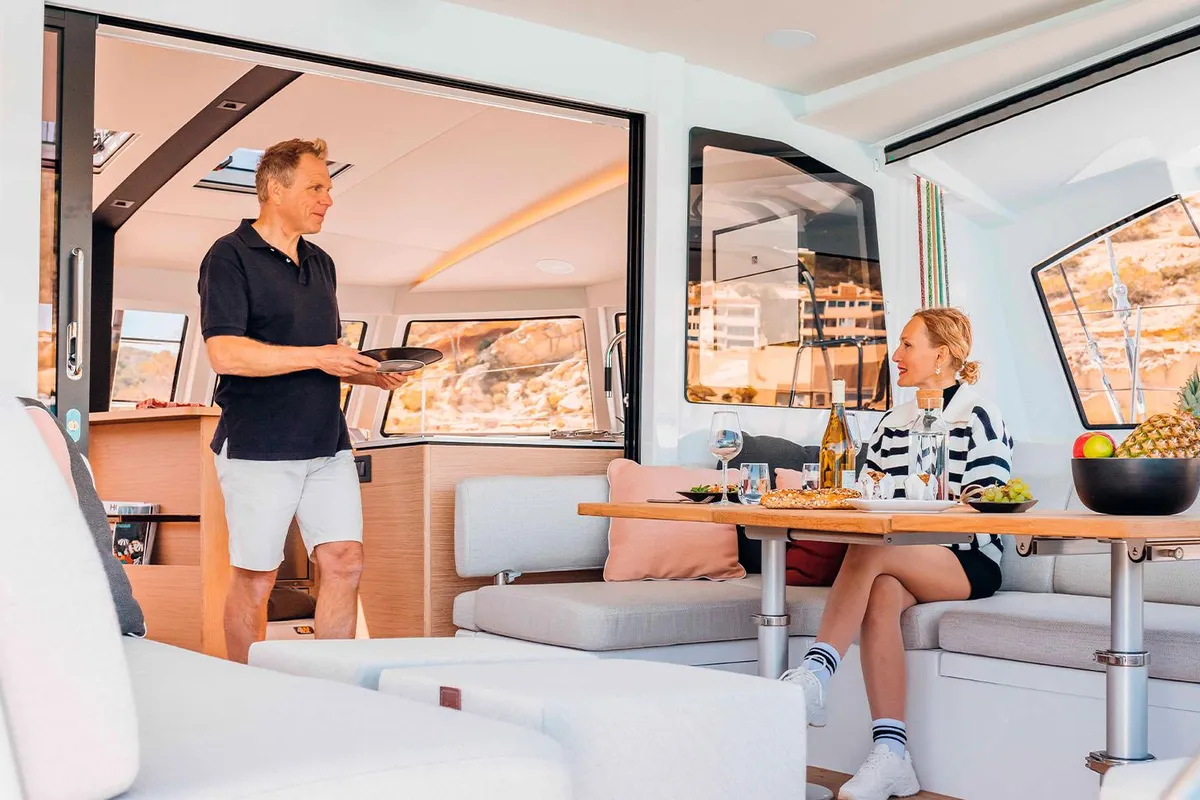 Salon of Hydra, a Nautitech 44 Open catamaran at Lavrion, Greece