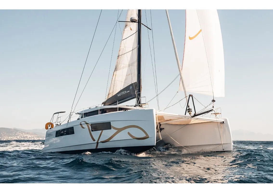 Exterior view of Hydra, a Nautitech 44 Open catamaran at Lavrion, Greece