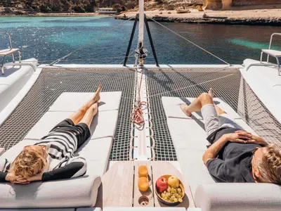 Deck of Hydra, a Nautitech 44 Open catamaran at Lavrion, Greece