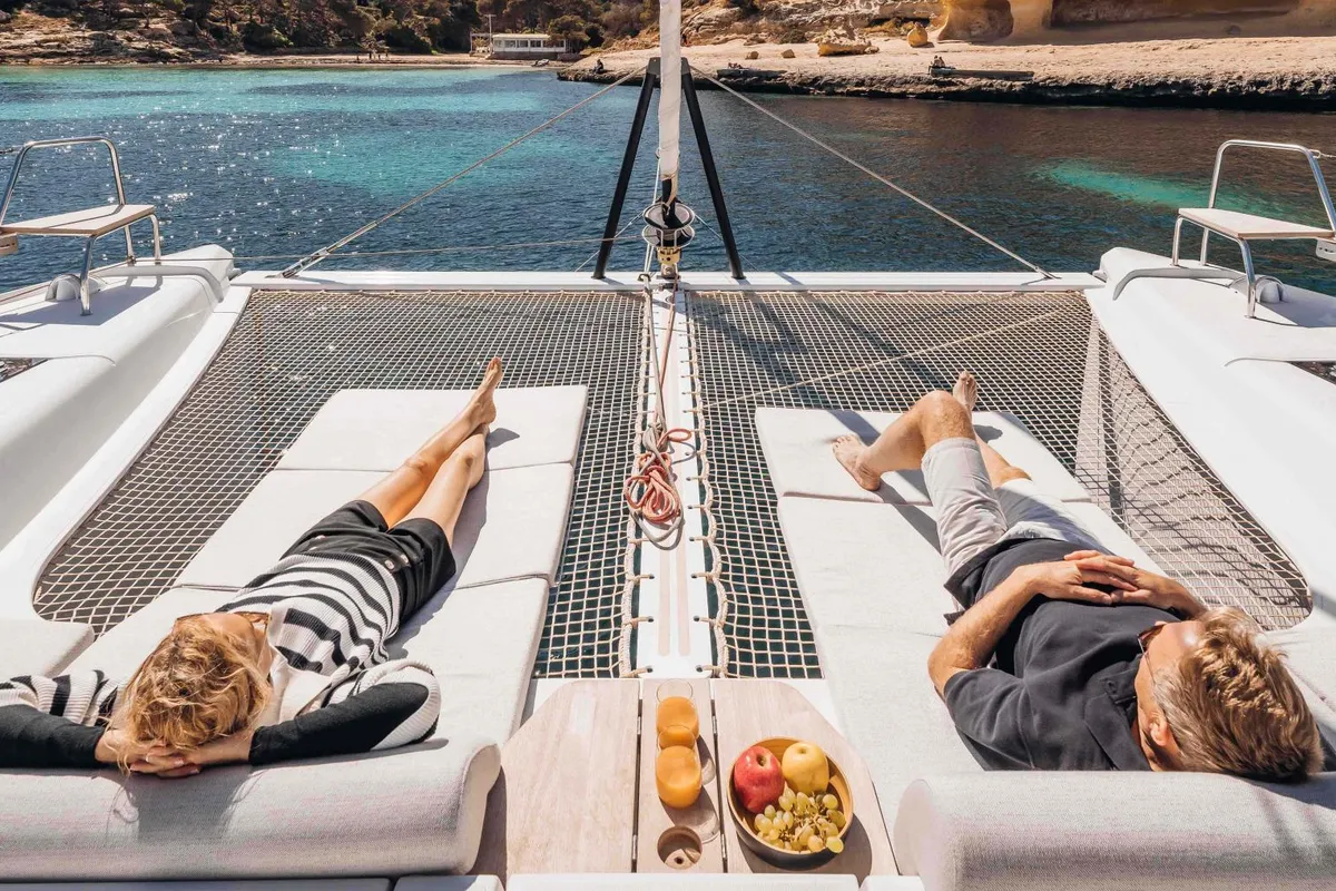 Deck of Hydra, a Nautitech 44 Open catamaran at Lavrion, Greece