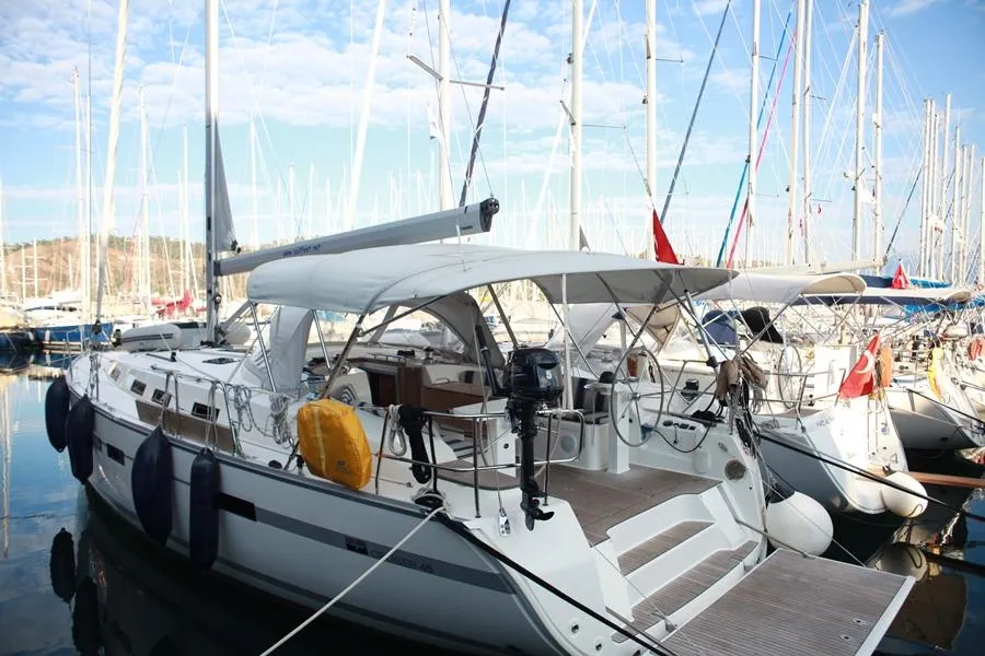 Exterior view of Sail Bravo, a Bavaria Cruiser 45 sailboat at Fethiye, Turkey