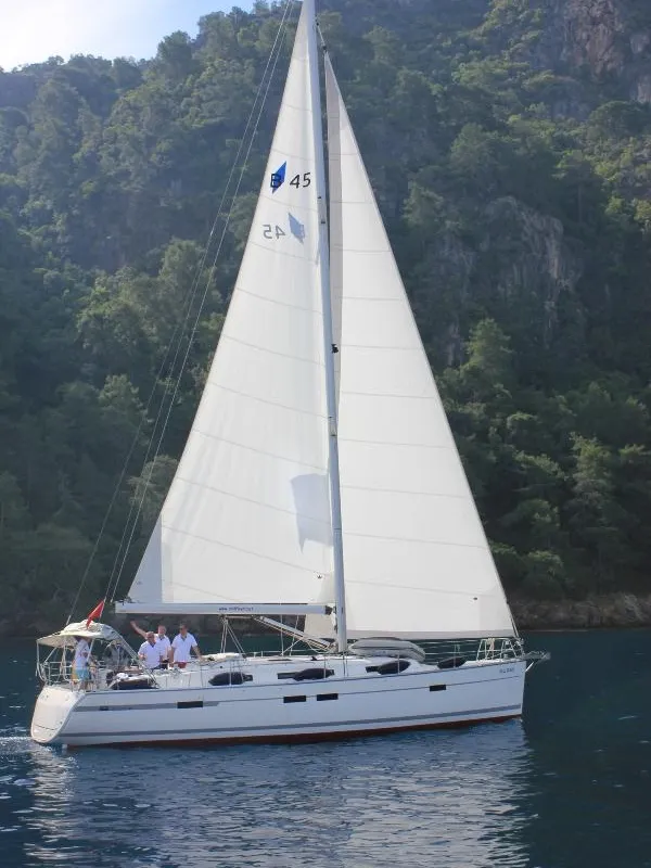 Exterior view of Sail Bravo, a Bavaria Cruiser 45 sailboat at Fethiye, Turkey