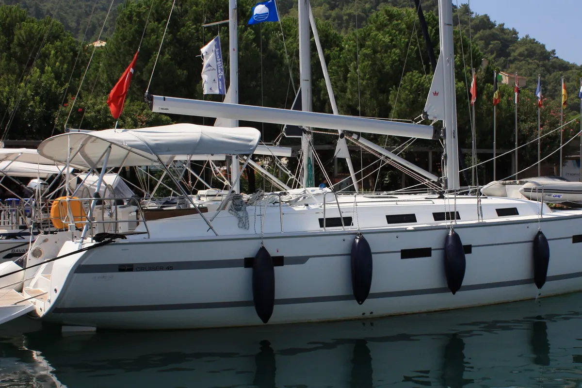 Exterior view of Sail Bravo, a Bavaria Cruiser 45 sailboat at Fethiye, Turkey