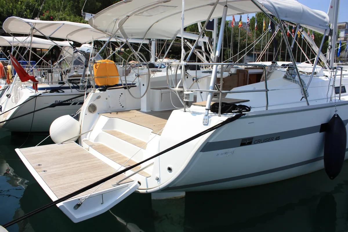 Deck of Sail Bravo, a Bavaria Cruiser 45 sailboat at Fethiye, Turkey