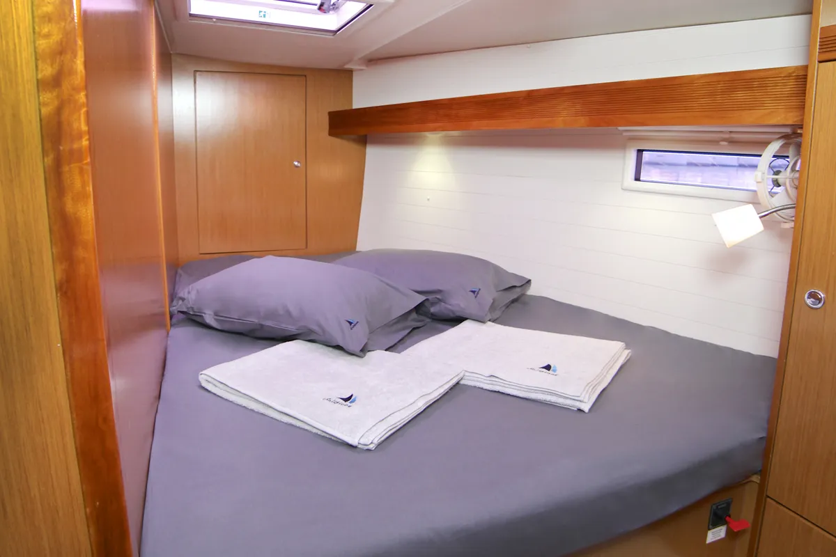 Cabin on Sail Bravo, a Bavaria Cruiser 45 sailboat at Fethiye, Turkey