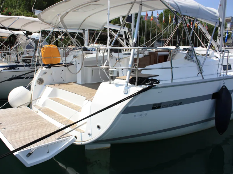 Deck of Sail Bravo, a Bavaria Cruiser 45 sailboat at Fethiye, Turkey