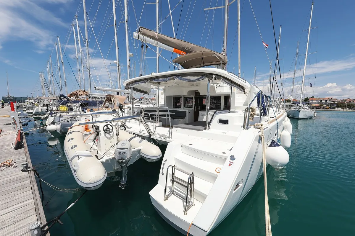 Exterior view of Fortuna, a Lagoon 450 catamaran at Pirovac, Croatia