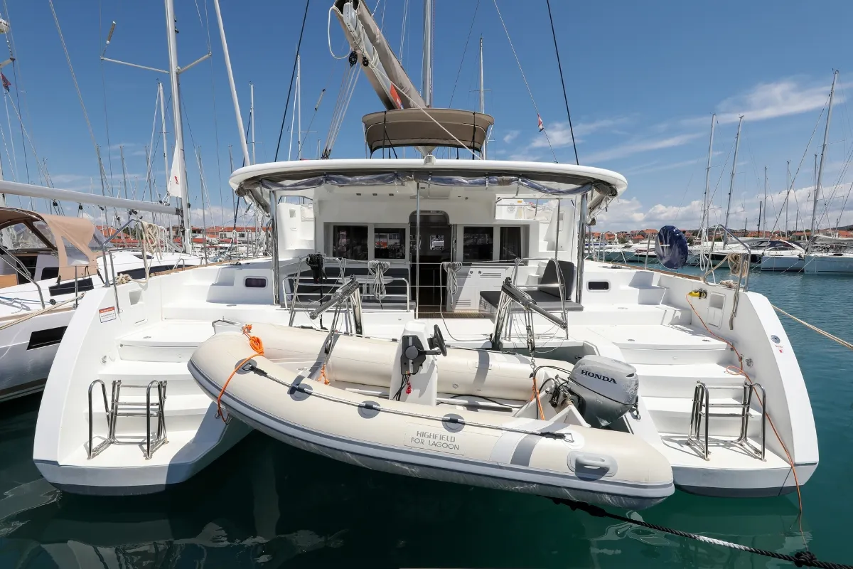 Exterior view of Fortuna, a Lagoon 450 catamaran at Pirovac, Croatia