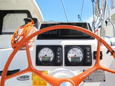 Cockpit of STARFISH, a Excess 11 catamaran at Parikia, Greece