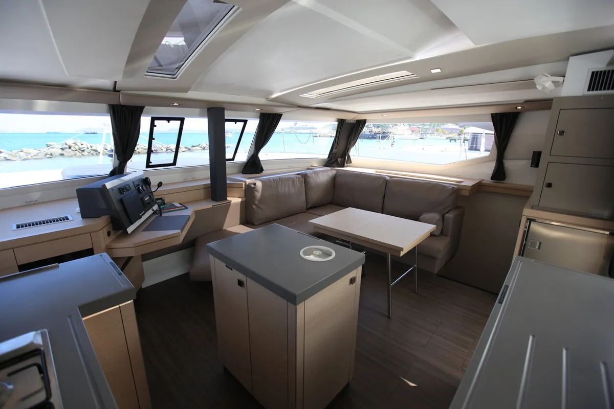 Salon of Three Sheets, a Fountaine Pajot Saona 47 Quintet catamaran at Road Town, British Virgin Islands