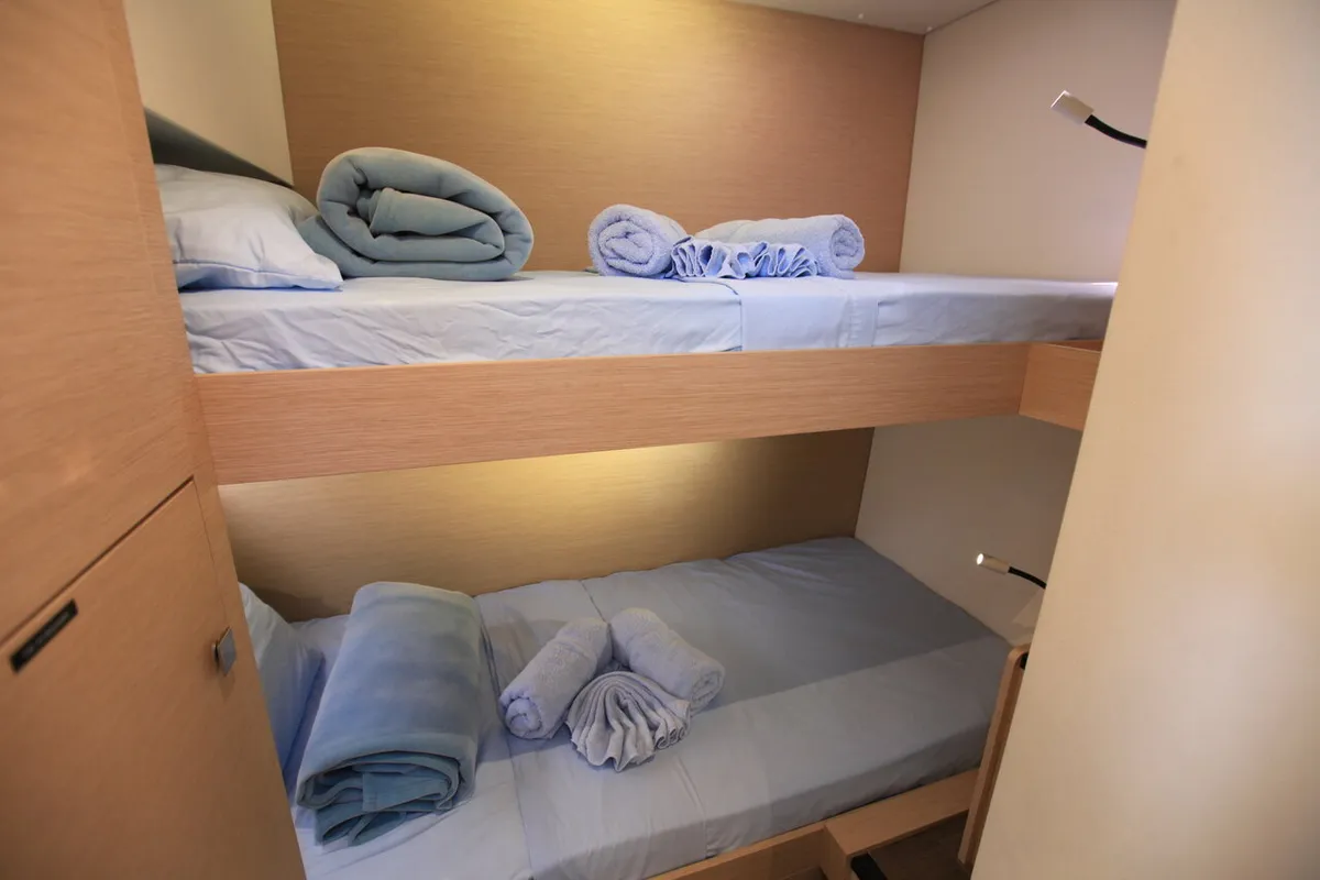 Cabin on Three Sheets, a Fountaine Pajot Saona 47 Quintet catamaran at Road Town, British Virgin Islands
