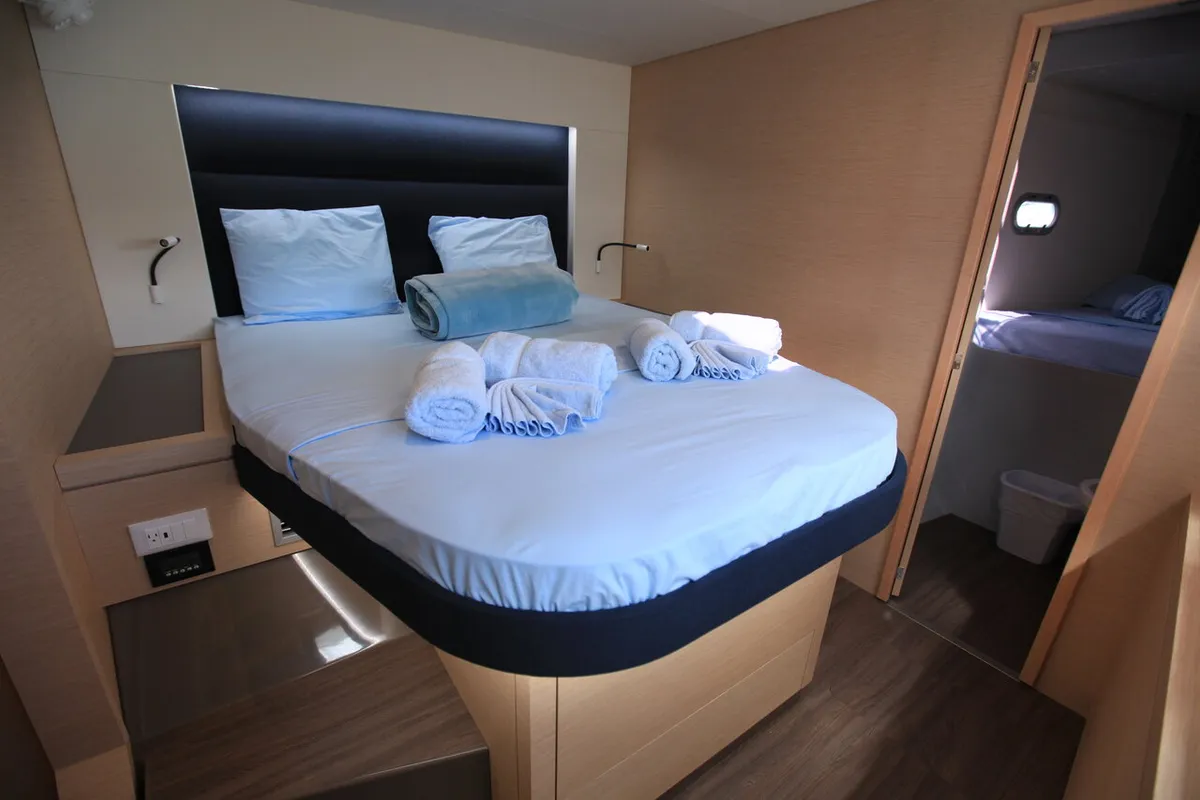 Cabin on Three Sheets, a Fountaine Pajot Saona 47 Quintet catamaran at Road Town, British Virgin Islands