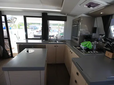 Galley of Three Sheets, a Fountaine Pajot Saona 47 Quintet catamaran at Road Town, British Virgin Islands