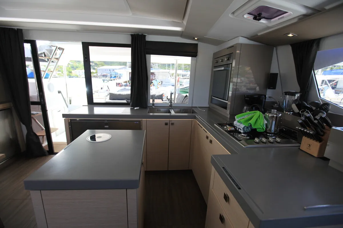 Galley of Three Sheets, a Fountaine Pajot Saona 47 Quintet catamaran at Road Town, British Virgin Islands