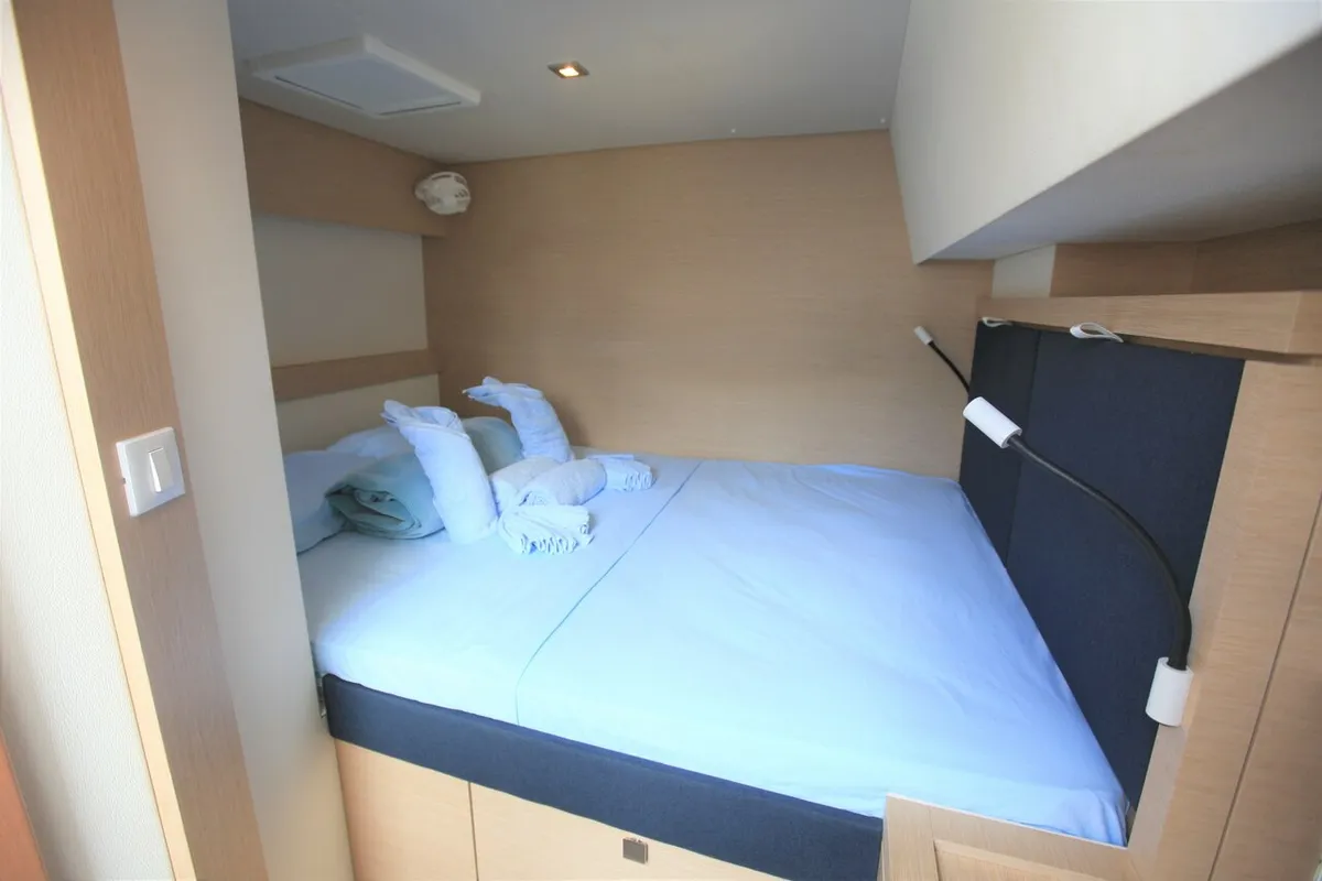 Cabin on Three Sheets, a Fountaine Pajot Saona 47 Quintet catamaran at Road Town, British Virgin Islands