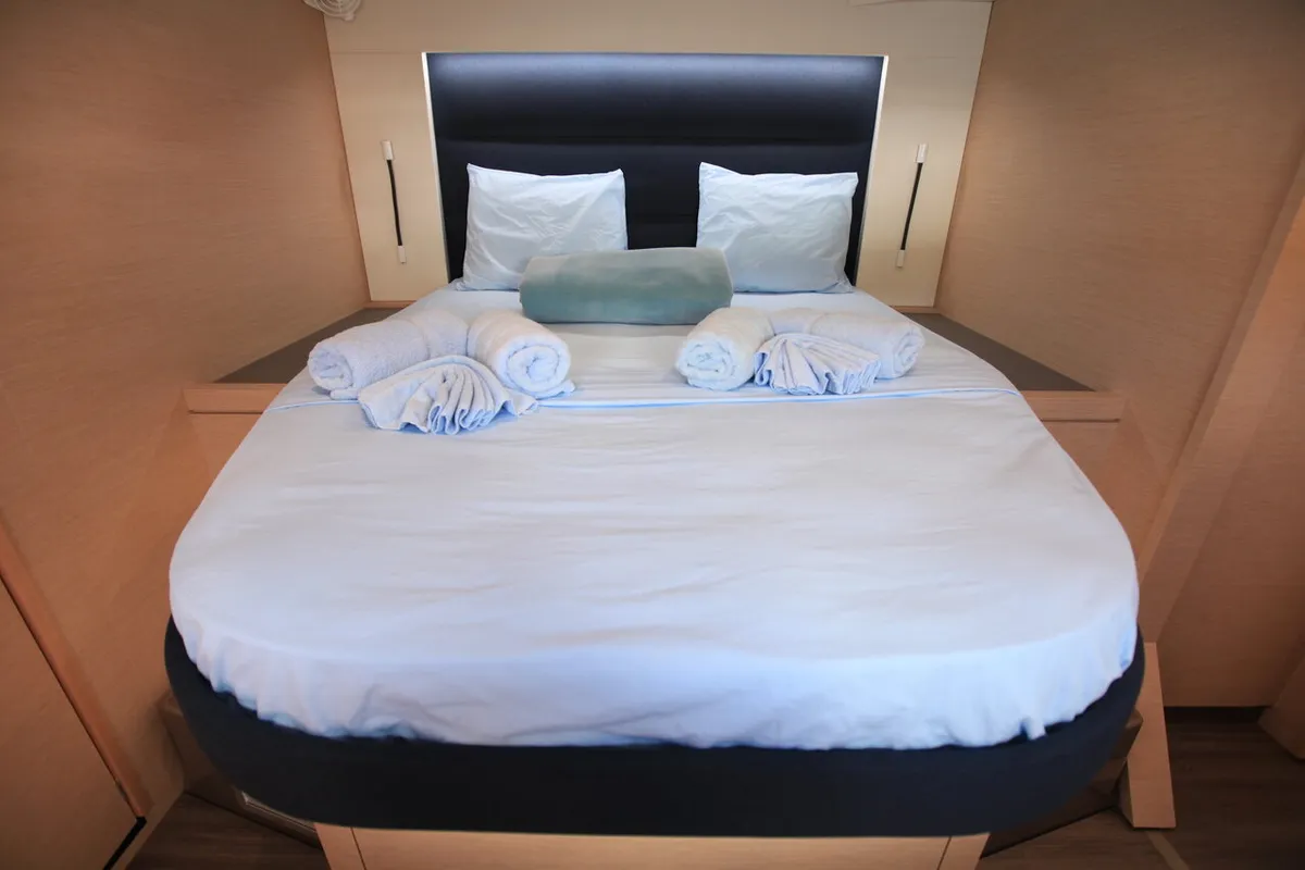 Cabin on Three Sheets, a Fountaine Pajot Saona 47 Quintet catamaran at Road Town, British Virgin Islands
