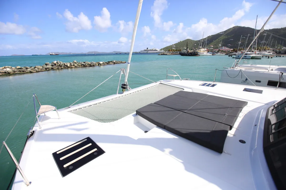 Deck of Three Sheets, a Fountaine Pajot Saona 47 Quintet catamaran at Road Town, British Virgin Islands