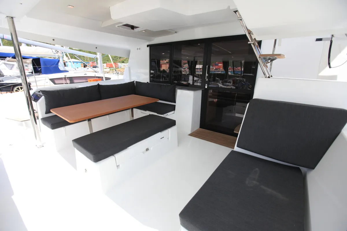 Deck of Three Sheets, a Fountaine Pajot Saona 47 Quintet catamaran at Road Town, British Virgin Islands