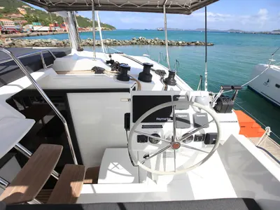 Cockpit of Three Sheets, a Fountaine Pajot Saona 47 Quintet catamaran at Road Town, British Virgin Islands
