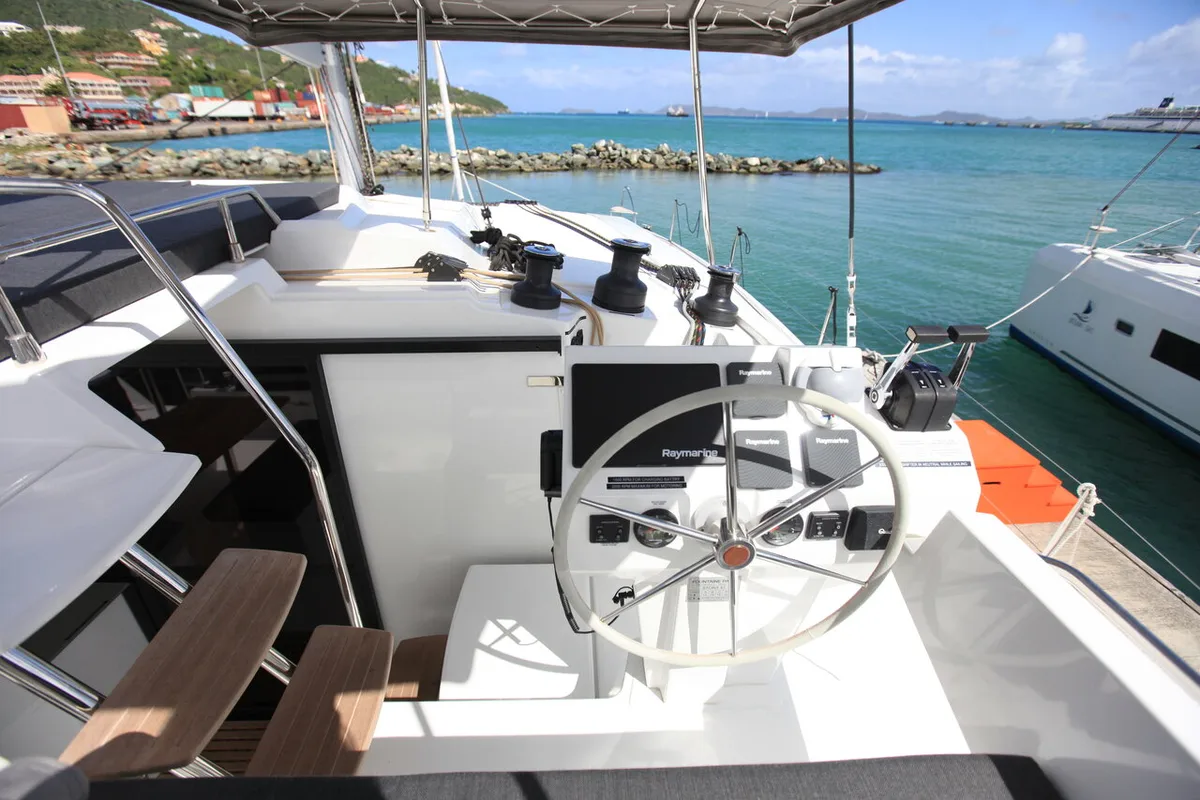 Cockpit of Three Sheets, a Fountaine Pajot Saona 47 Quintet catamaran at Road Town, British Virgin Islands
