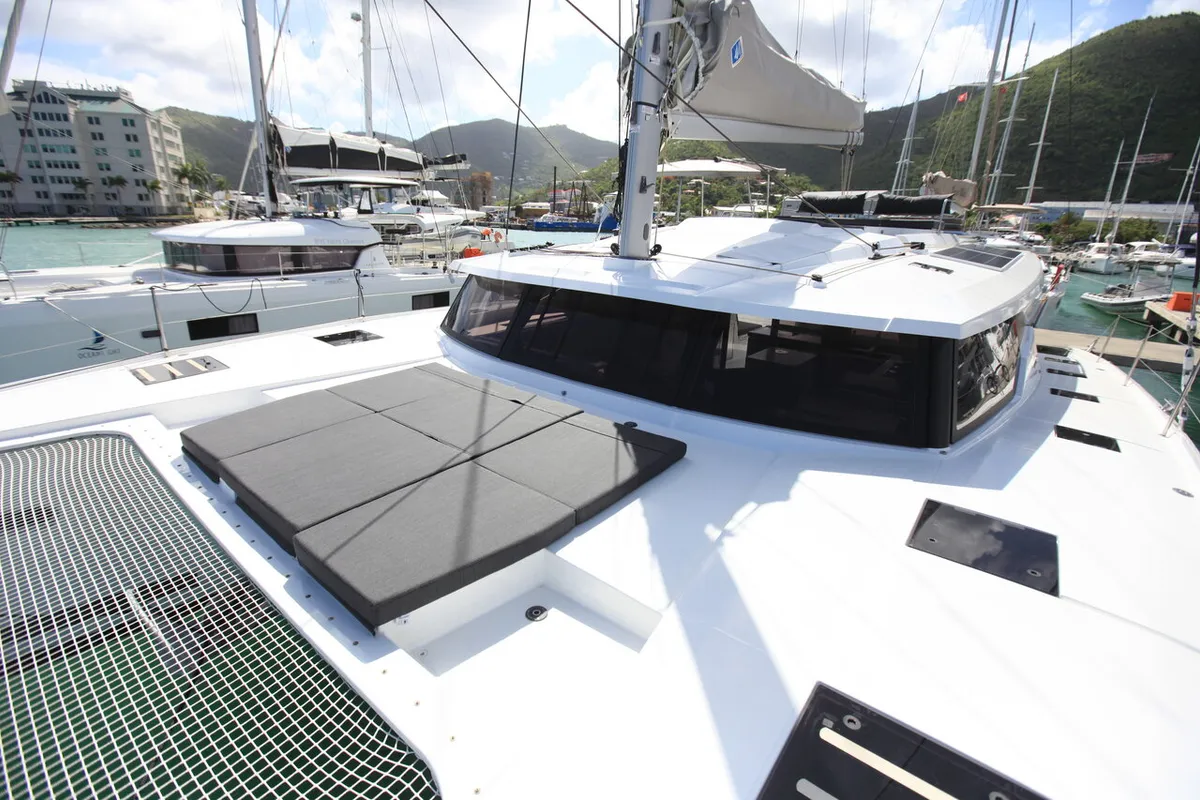 Deck of Three Sheets, a Fountaine Pajot Saona 47 Quintet catamaran at Road Town, British Virgin Islands
