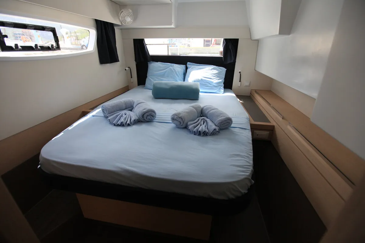 Cabin on Three Sheets, a Fountaine Pajot Saona 47 Quintet catamaran at Road Town, British Virgin Islands