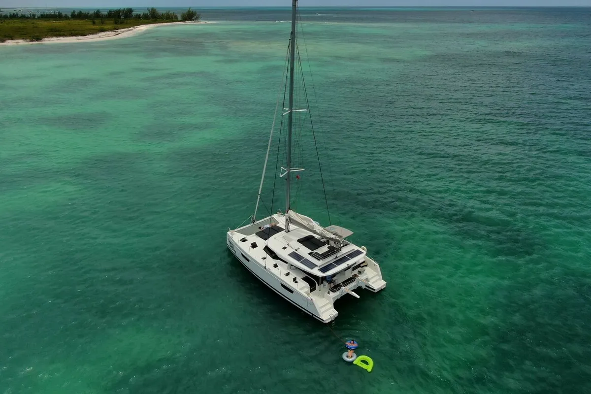 Exterior view of Three Sheets, a Fountaine Pajot Saona 47 Quintet catamaran at Road Town, British Virgin Islands