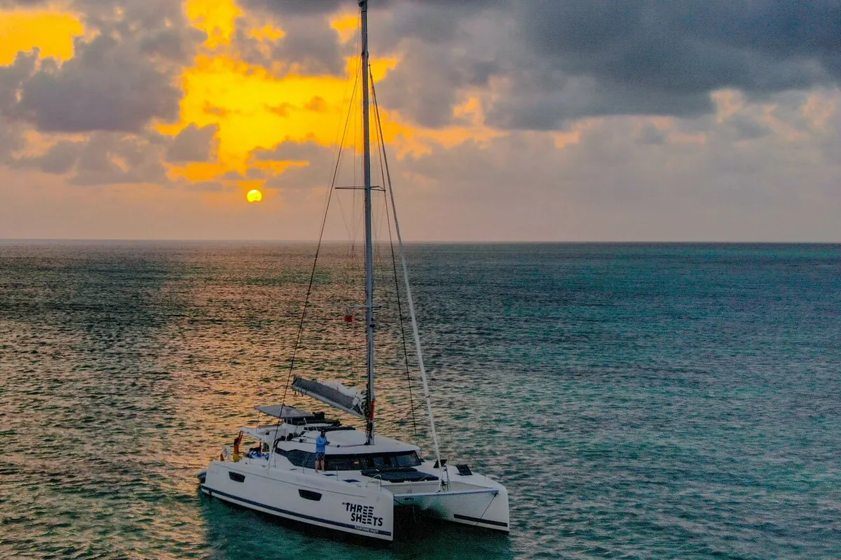 Exterior view of Three Sheets, a Fountaine Pajot Saona 47 Quintet catamaran at Road Town, British Virgin Islands