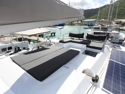 Deck of Three Sheets, a Fountaine Pajot Saona 47 Quintet catamaran at Road Town, British Virgin Islands