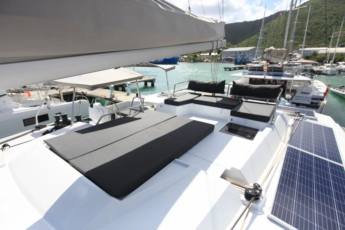 Deck of Three Sheets, a Fountaine Pajot Saona 47 Quintet catamaran at Road Town, British Virgin Islands