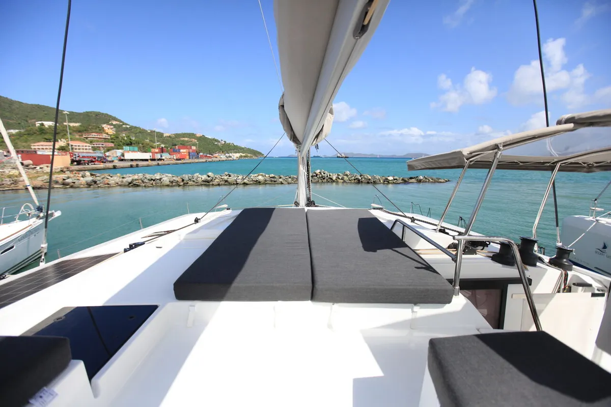Deck of Three Sheets, a Fountaine Pajot Saona 47 Quintet catamaran at Road Town, British Virgin Islands