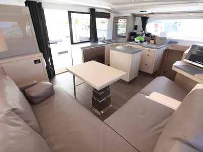 Salon of Three Sheets, a Fountaine Pajot Saona 47 Quintet catamaran at Road Town, British Virgin Islands