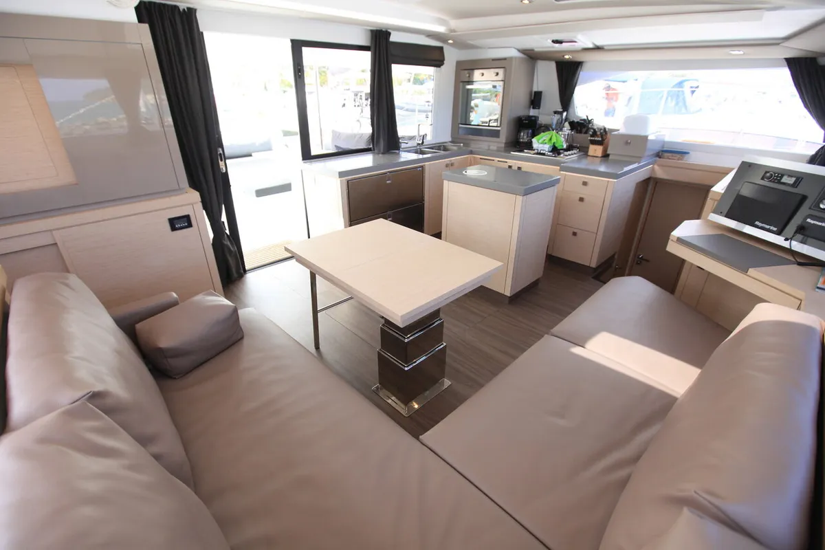 Salon of Three Sheets, a Fountaine Pajot Saona 47 Quintet catamaran at Road Town, British Virgin Islands