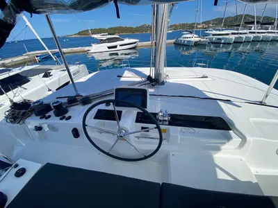 Cockpit of Penelope, a Lagoon 46 catamaran at Olbia, Italy