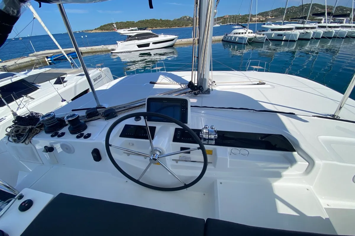 Cockpit of Penelope, a Lagoon 46 catamaran at Olbia, Italy