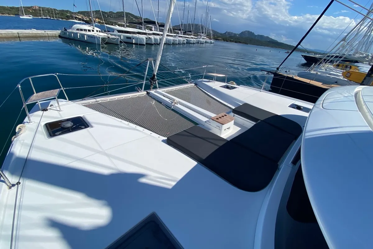 Deck of Penelope, a Lagoon 46 catamaran at Olbia, Italy